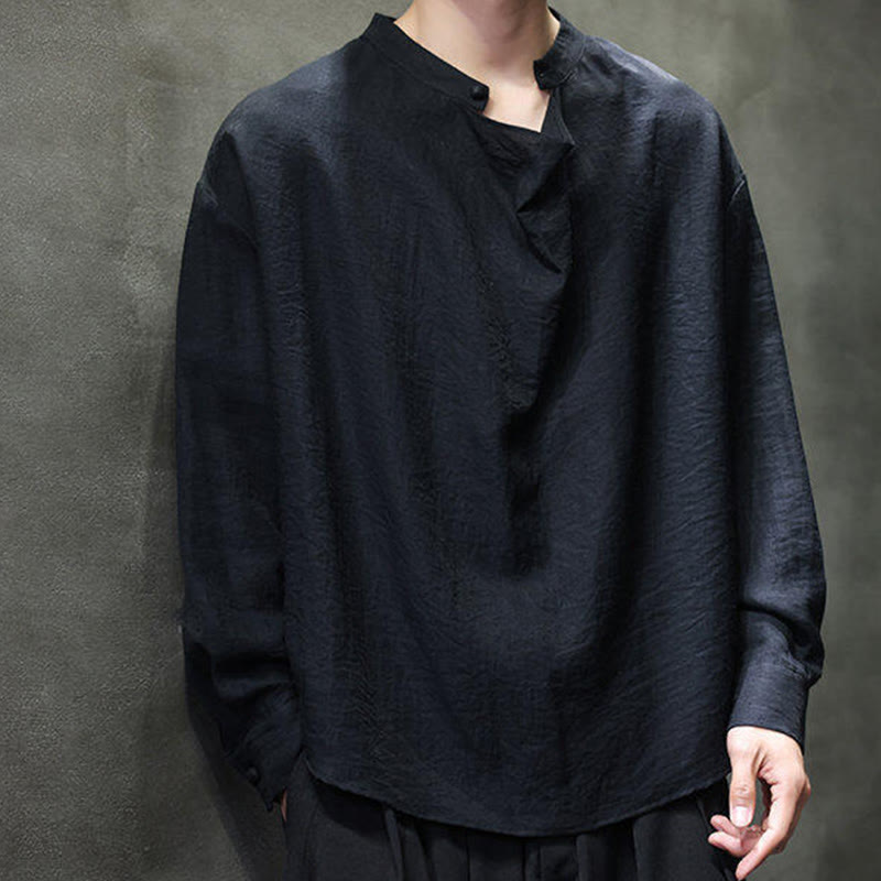 Buddha Stones Spring Solid Color Pleated Stand Collar Design Tang Suit Men's Long Sleeve Linen Shirt - image 12