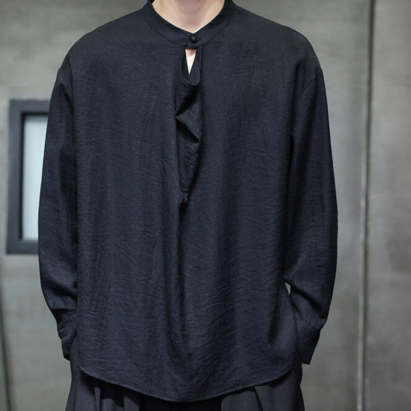 Buddha Stones Spring Solid Color Pleated Stand Collar Design Tang Suit Men's Long Sleeve Linen Shirt - image 11