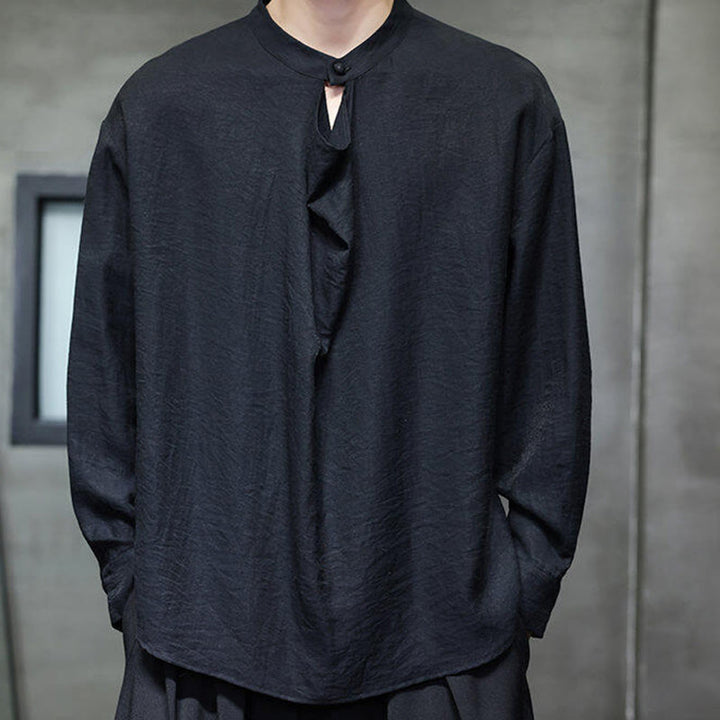 Buddha Stones Spring Solid Color Pleated Stand Collar Design Tang Suit Men's Long Sleeve Linen Shirt - image 11