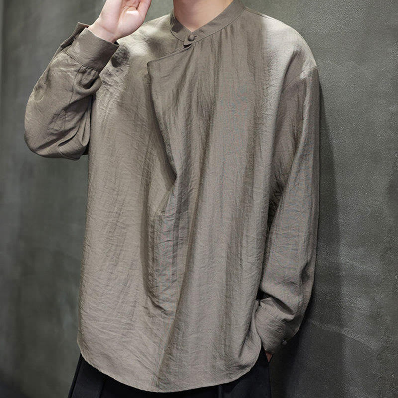 Buddha Stones Spring Solid Color Pleated Stand Collar Design Tang Suit Men's Long Sleeve Linen Shirt - image 5