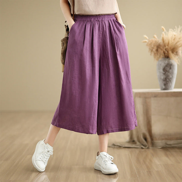Buddha Stones Summer Solid Color Patchwork Simple Design Women's Cotton Wide Leg Cropped Pants With Pockets - image 6