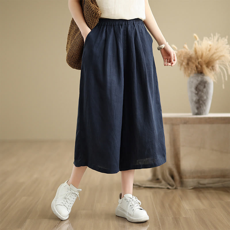 Buddha Stones Summer Solid Color Patchwork Simple Design Women's Cotton Wide Leg Cropped Pants With Pockets - SlateGray - US8-10，UK/AU12-14，EU40-42 (2XL) - image 20