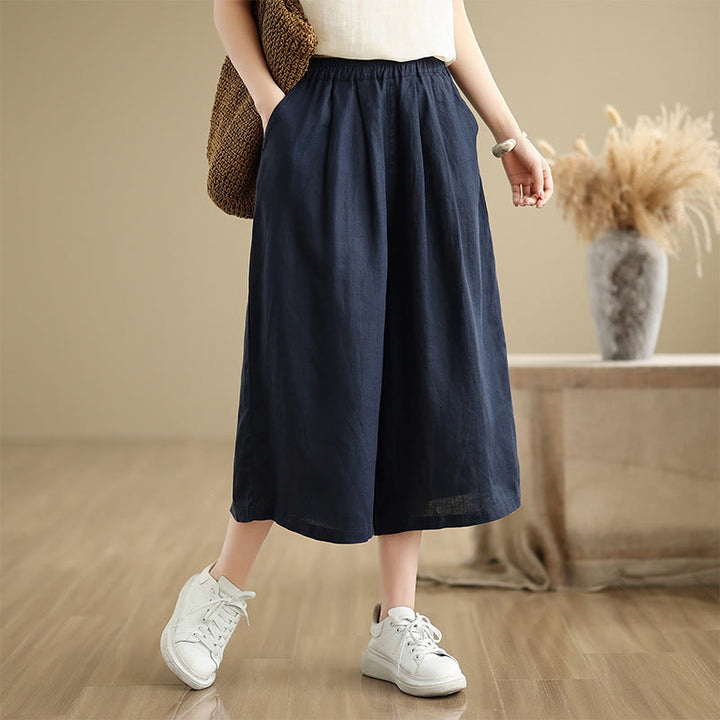 Buddha Stones Summer Solid Color Patchwork Simple Design Women's Cotton Wide Leg Cropped Pants With Pockets - SlateGray - US8-10，UK/AU12-14，EU40-42 (2XL) - image 20