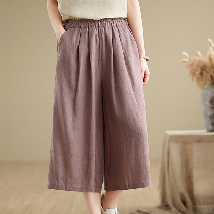 Buddha Stones Summer Solid Color Patchwork Simple Design Women's Cotton Wide Leg Cropped Pants With Pockets - image 1