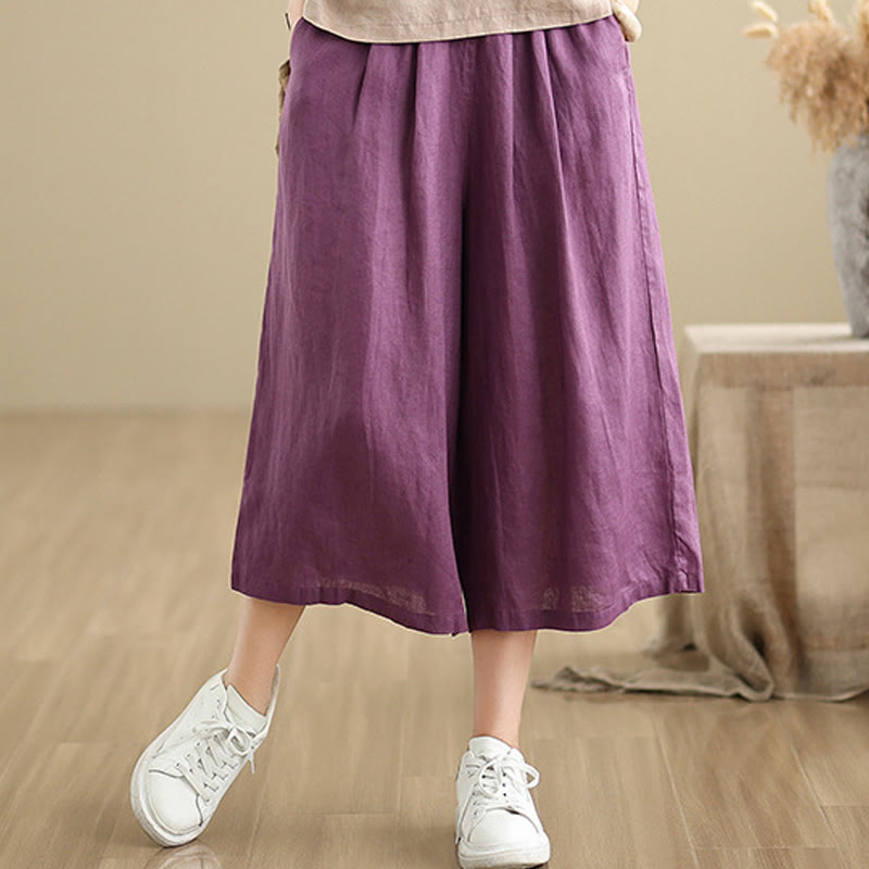 Buddha Stones Summer Solid Color Patchwork Simple Design Women's Cotton Wide Leg Cropped Pants With Pockets - image 7