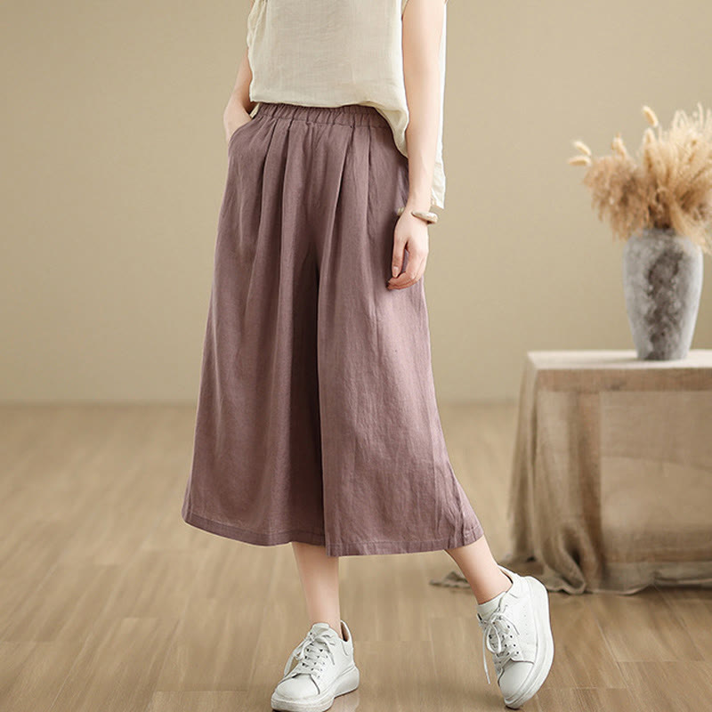 Buddha Stones Summer Solid Color Patchwork Simple Design Women's Cotton Wide Leg Cropped Pants With Pockets - image 4