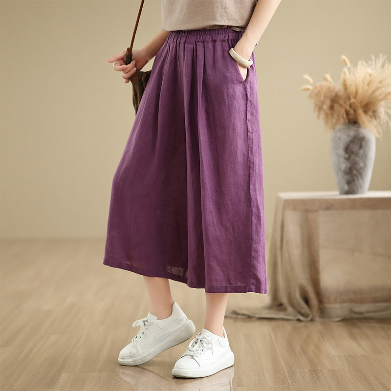 Buddha Stones Summer Solid Color Patchwork Simple Design Women's Cotton Wide Leg Cropped Pants With Pockets - Purple - US8-10，UK/AU12-14，EU40-42 (2XL) - image 5