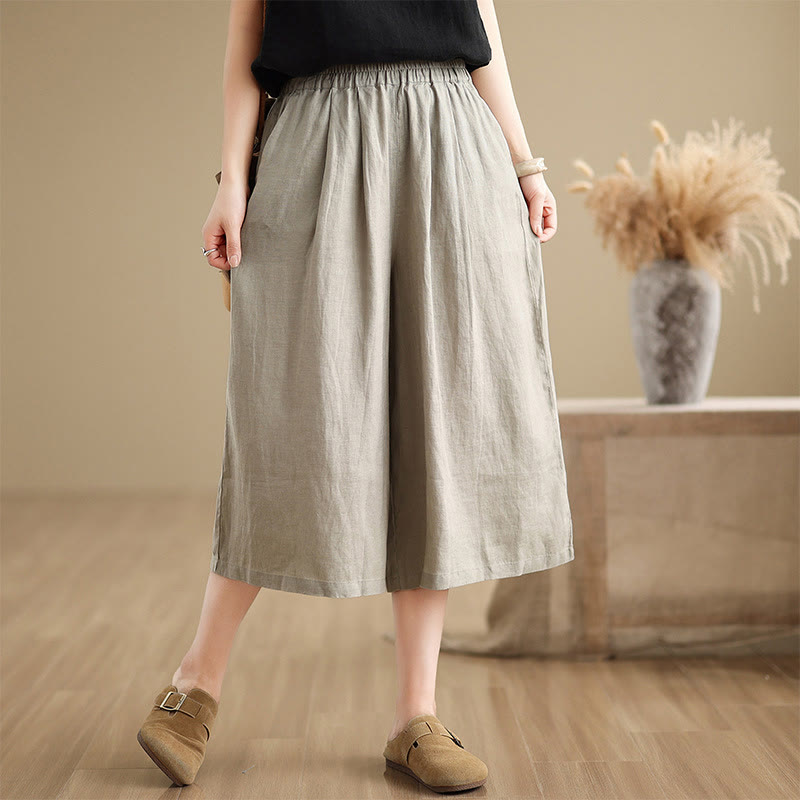Buddha Stones Summer Solid Color Patchwork Simple Design Women's Cotton Wide Leg Cropped Pants With Pockets - DarkKhaki - US8-10，UK/AU12-14，EU40-42 (2XL) - image 13