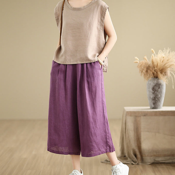 Buddha Stones Summer Solid Color Patchwork Simple Design Women's Cotton Wide Leg Cropped Pants With Pockets - image 9