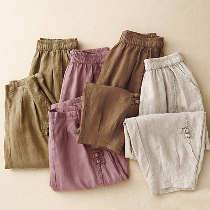 Buddha Stones Summer Frog-Button Lace High Waist Women's Cotton Linen Pants With Pockets - image 18