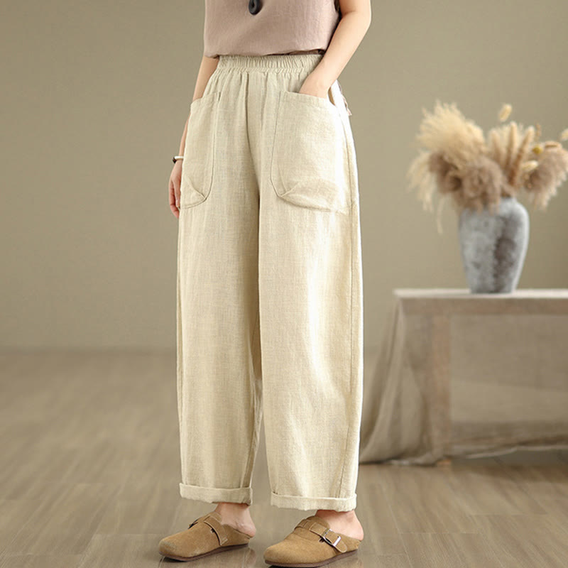 Buddha Stones Casual Daily Plain Simple Design Women's Cotton Linen Harem Pants With Pockets - image 2