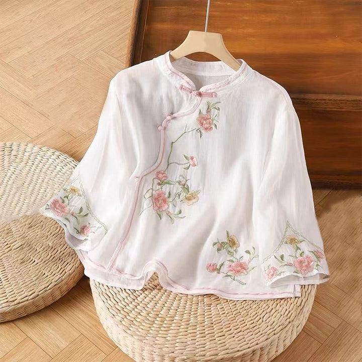 Buddha Stones Casual Vintage Embroidery Flower Pattern Chinese Frog-Button Crew Neck Design Women's Cotton Linen Shirt - White - US12，UK/AU16，EU44 (3XL) - image 2