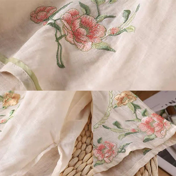 Buddha Stones Casual Vintage Embroidery Flower Pattern Chinese Frog-Button Crew Neck Design Women's Cotton Linen Shirt - image 1