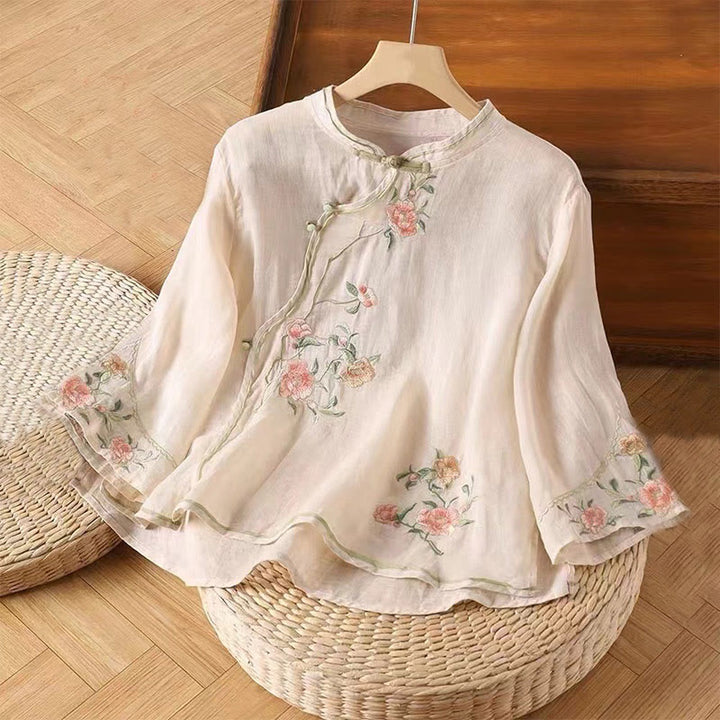Buddha Stones Casual Vintage Embroidery Flower Pattern Chinese Frog-Button Crew Neck Design Women's Cotton Linen Shirt - MistyRose - US12，UK/AU16，EU44 (3XL) - image 0