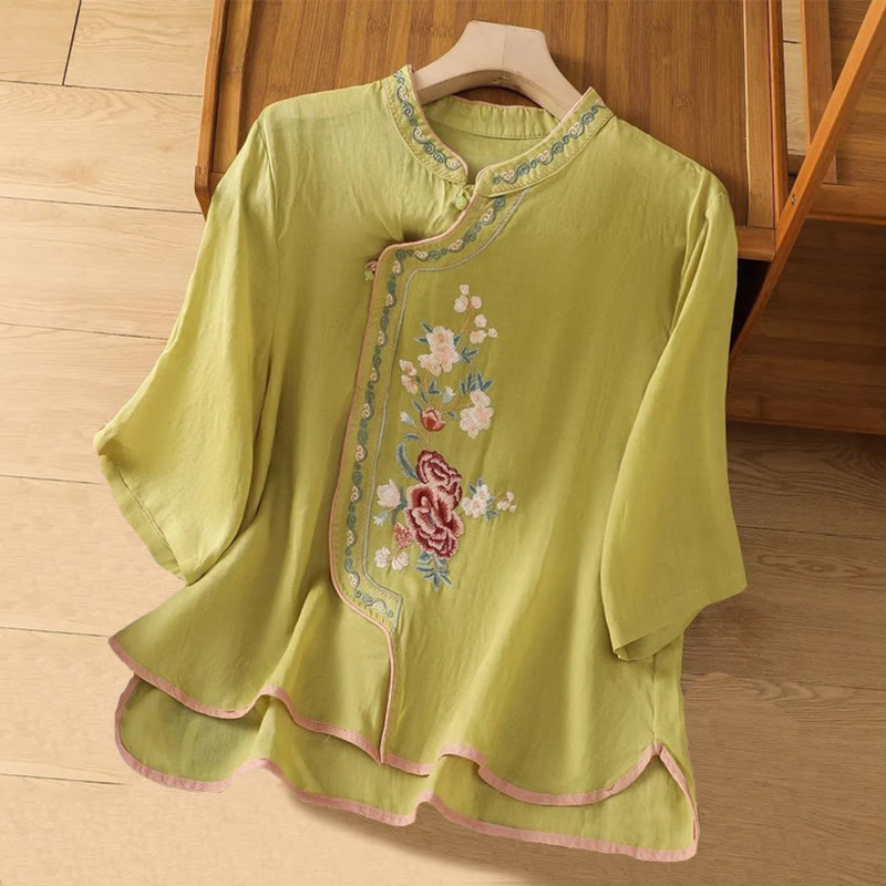 Buddha Stones Casual Ethnic Style Embroidery Flower Pattern Frog-Button Stand Collar Women's Cotton Linen Shirt - YellowGreen - US14，UK/AU18，EU46 (4XL) - image 6