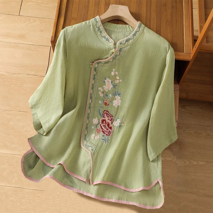Buddha Stones Casual Ethnic Style Embroidery Flower Pattern Frog-Button Stand Collar Women's Cotton Linen Shirt - LightGreen - US14，UK/AU18，EU46 (4XL) - image 0