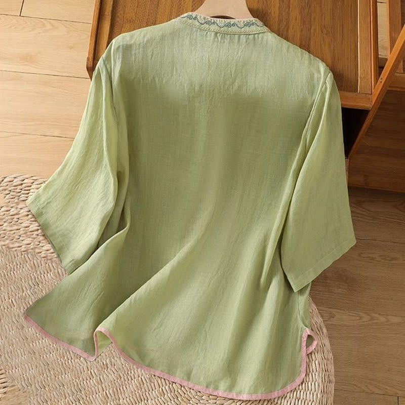 Buddha Stones Casual Ethnic Style Embroidery Flower Pattern Frog-Button Stand Collar Women's Cotton Linen Shirt - image 1