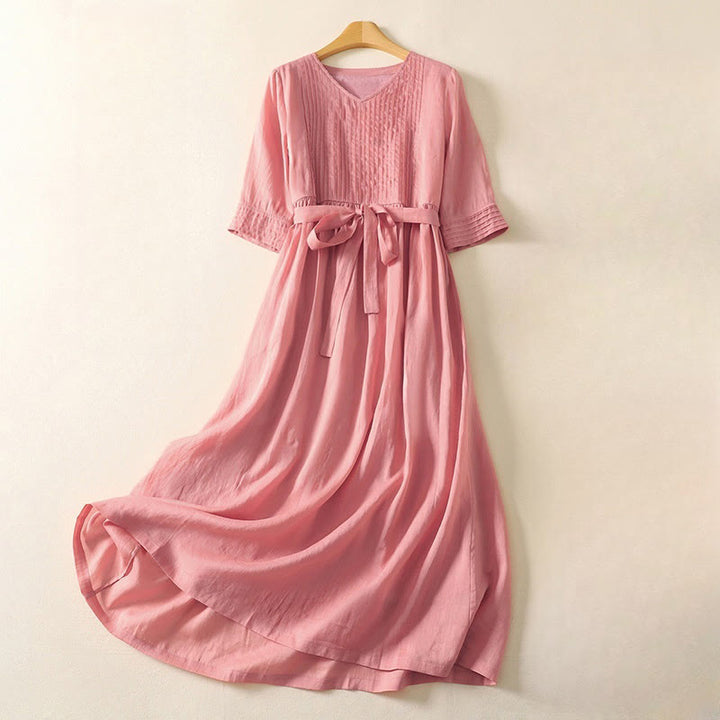 Buddha Stones Summer Short Sleeve Pleats Lace-up Cotton Linen Women's Midi Dress With Pockets - MistyRose - US8-10，UK/AU12-14，EU40-42 (2XL) - image 0