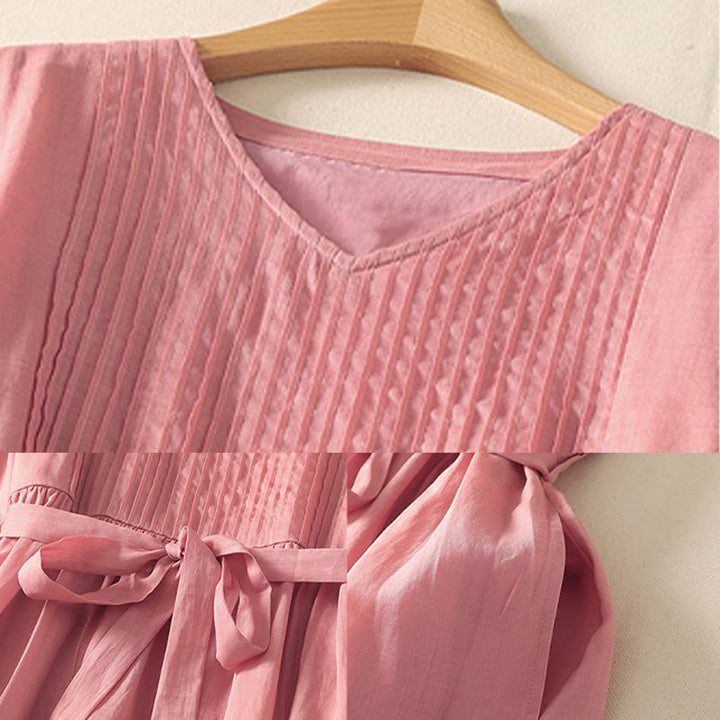 Buddha Stones Summer Short Sleeve Pleats Lace-up Cotton Linen Women's Midi Dress With Pockets - image 7