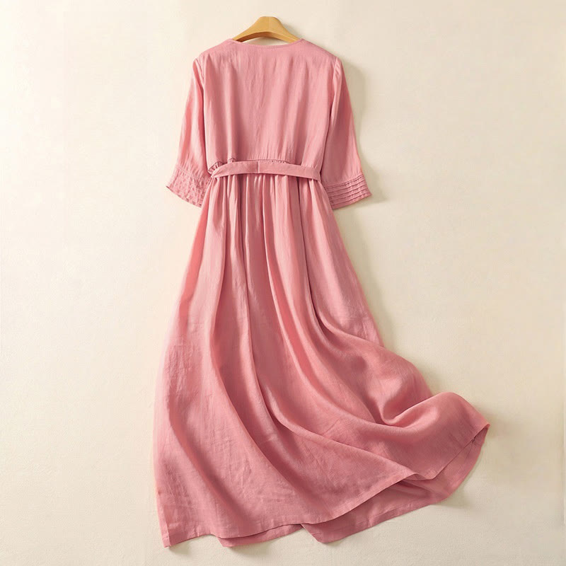 Buddha Stones Summer Short Sleeve Pleats Lace-up Cotton Linen Women's Midi Dress With Pockets - image 1