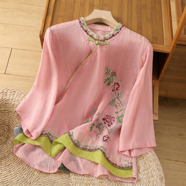 Buddha Stones Summer Ethnic Style Embroidery Flower Pattern Frog-Button Color Matching Women's Cotton Linen Three Quarter Sleeve Shirt - LightCoral - US8-10，UK/AU12-14，EU40-42 (2XL) - image 4