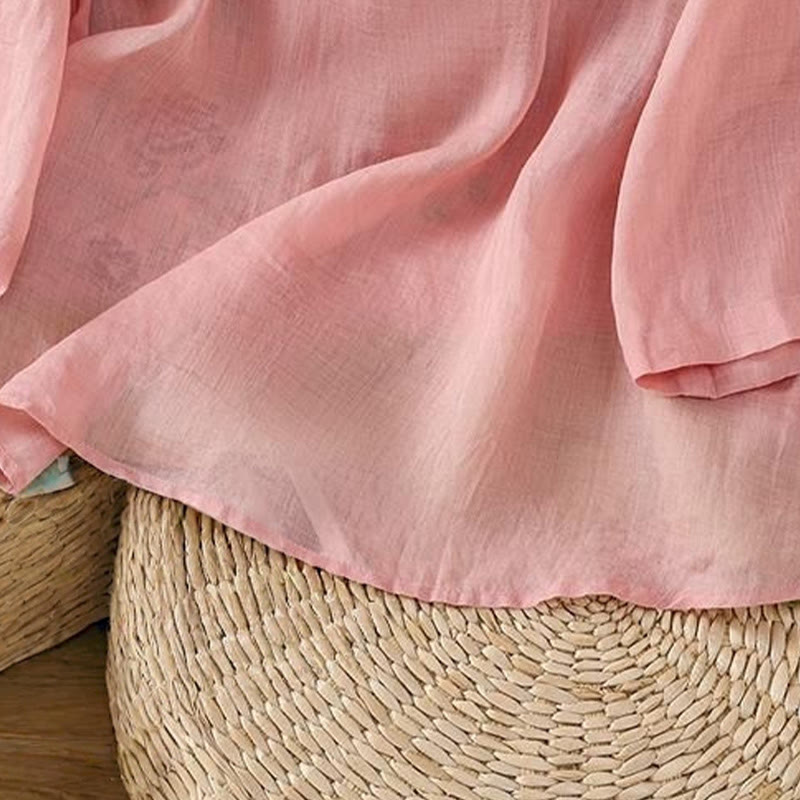 Buddha Stones Summer Ethnic Style Embroidery Flower Pattern Frog-Button Color Matching Women's Cotton Linen Three Quarter Sleeve Shirt - image 10