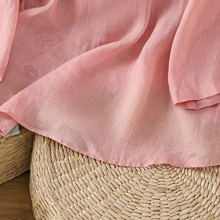 Buddha Stones Summer Ethnic Style Embroidery Flower Pattern Frog-Button Color Matching Women's Cotton Linen Three Quarter Sleeve Shirt - image 10