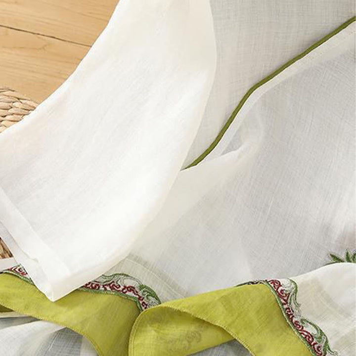 Buddha Stones Summer Ethnic Style Embroidery Flower Pattern Frog-Button Color Matching Women's Cotton Linen Three Quarter Sleeve Shirt - image 2