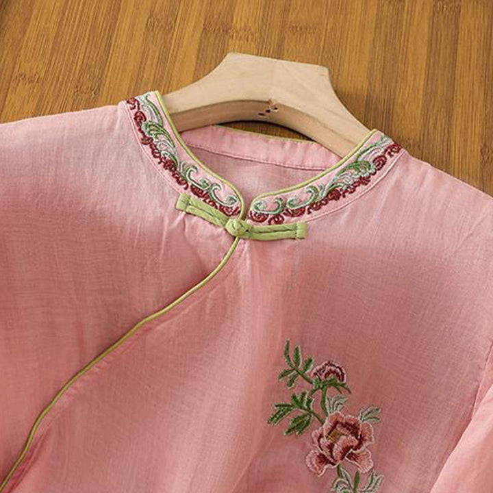 Buddha Stones Summer Ethnic Style Embroidery Flower Pattern Frog-Button Color Matching Women's Cotton Linen Three Quarter Sleeve Shirt - image 5