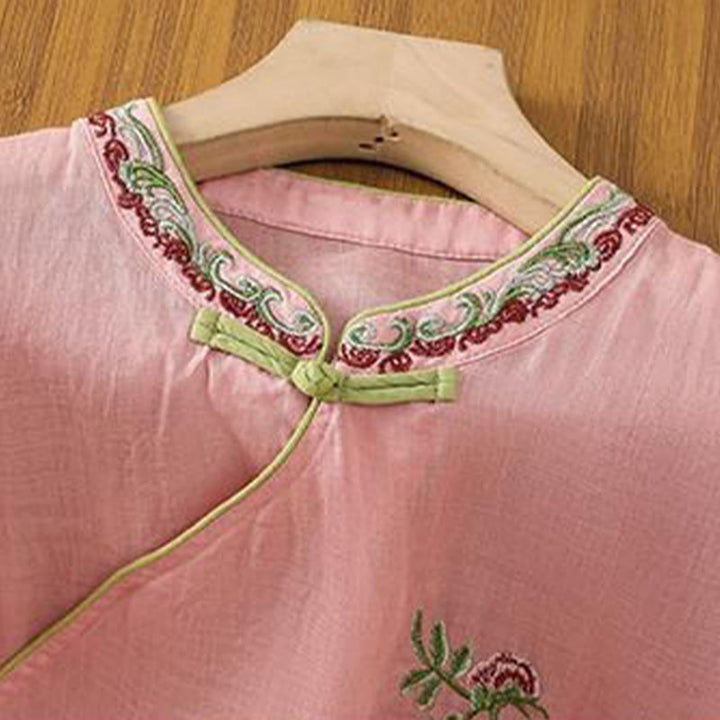 Buddha Stones Summer Ethnic Style Embroidery Flower Pattern Frog-Button Color Matching Women's Cotton Linen Three Quarter Sleeve Shirt - image 6