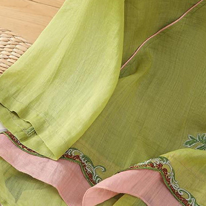 Buddha Stones Summer Ethnic Style Embroidery Flower Pattern Frog-Button Color Matching Women's Cotton Linen Three Quarter Sleeve Shirt - image 15