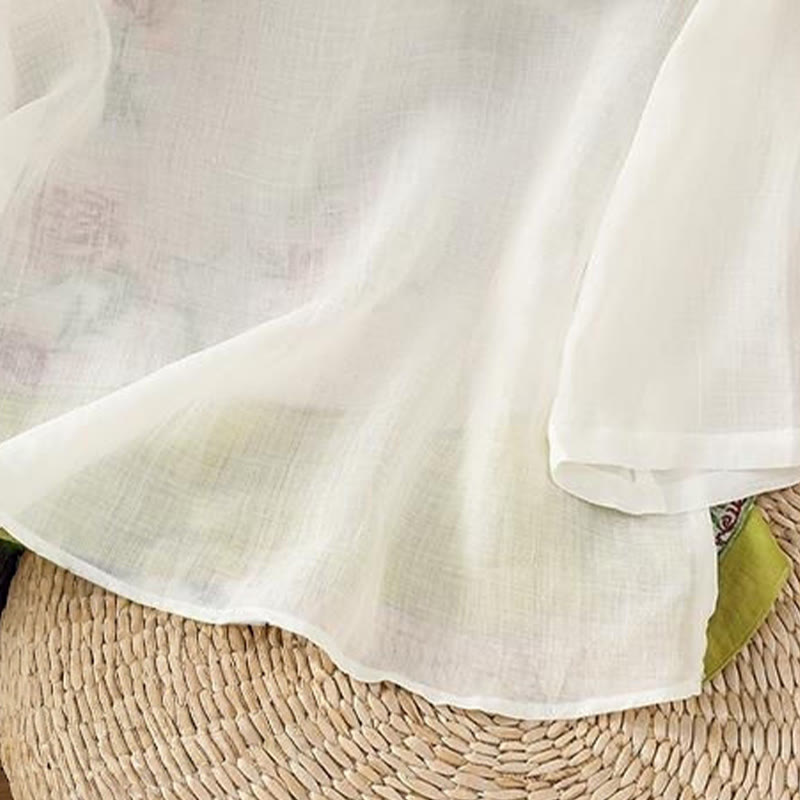 Buddha Stones Summer Ethnic Style Embroidery Flower Pattern Frog-Button Color Matching Women's Cotton Linen Three Quarter Sleeve Shirt - image 3