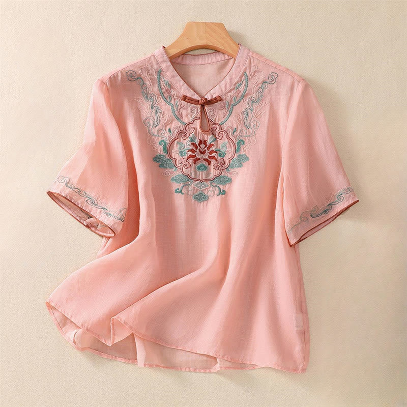 Buddha Stones Casual Retro Embroidery Frog-Button Design Women's Cotton Linen Half Sleeve Shirt - LightSalmon - US14，UK/AU18，EU46 (4XL) - image 5