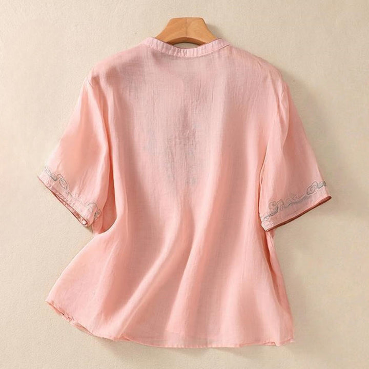 Buddha Stones Casual Retro Embroidery Frog-Button Design Women's Cotton Linen Half Sleeve Shirt - image 6