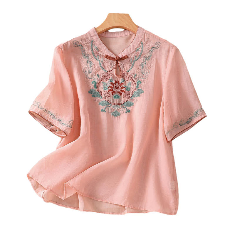 Buddha Stones Casual Retro Embroidery Frog-Button Design Women's Cotton Linen Half Sleeve Shirt - image 11