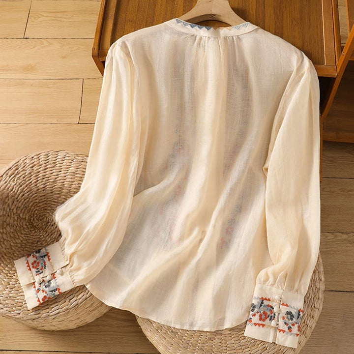 Buddha Stones Vintage Embroidery Single Row Multi-Button Placket Design Women's Cotton Linen Long Lantern Sleeve Shirt - image 1