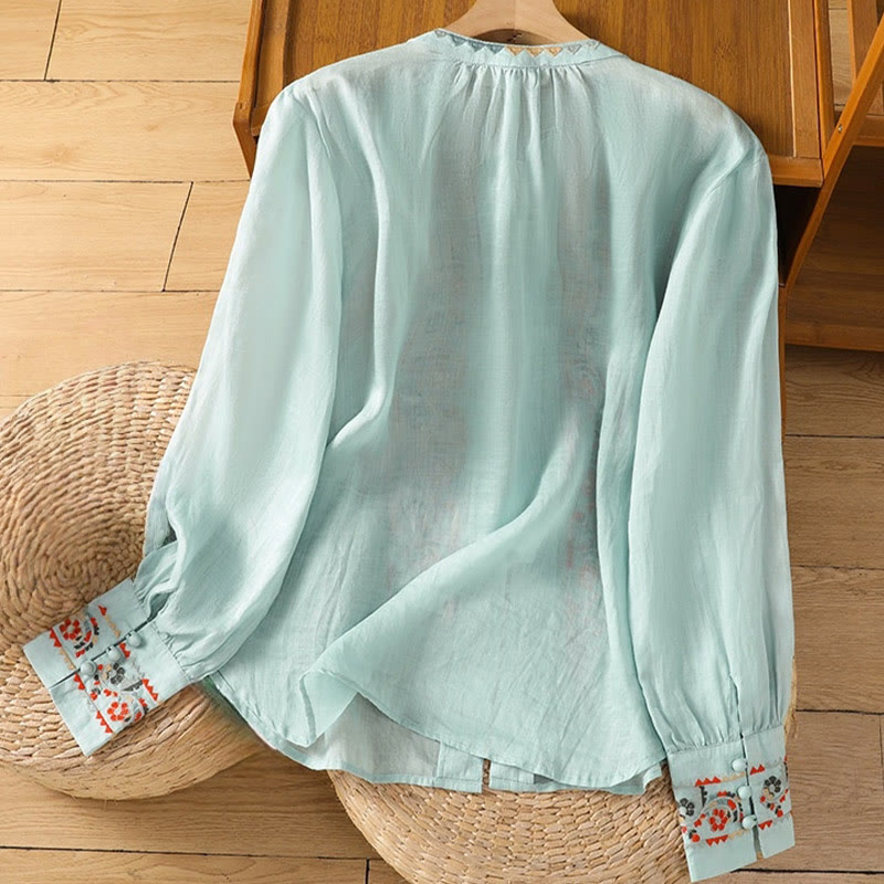 Buddha Stones Vintage Embroidery Single Row Multi-Button Placket Design Women's Cotton Linen Long Lantern Sleeve Shirt - image 12