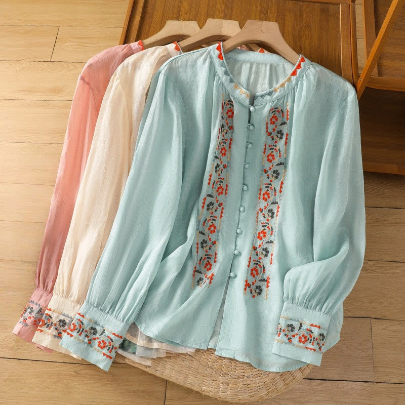 Buddha Stones Vintage Embroidery Single Row Multi-Button Placket Design Women's Cotton Linen Long Lantern Sleeve Shirt - image 15