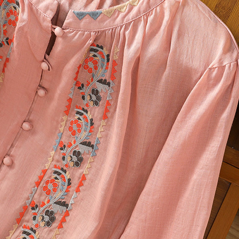 Buddha Stones Vintage Embroidery Single Row Multi-Button Placket Design Women's Cotton Linen Long Lantern Sleeve Shirt - image 8