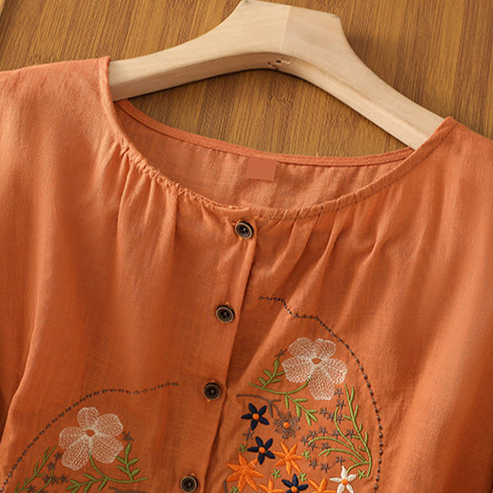 Buddha Stones Vintage Asymmetrical Embroidery Flower Plant Pattern Women's Cotton Linen Short Sleeve Jacket Shirt - image 17