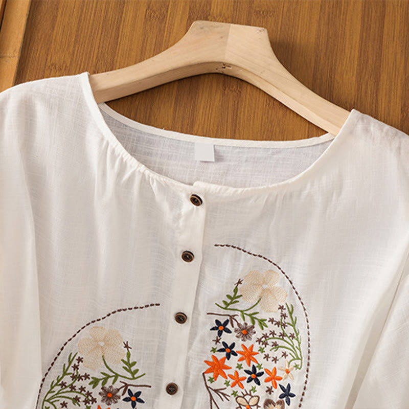 Buddha Stones Vintage Asymmetrical Embroidery Flower Plant Pattern Women's Cotton Linen Short Sleeve Jacket Shirt - image 24