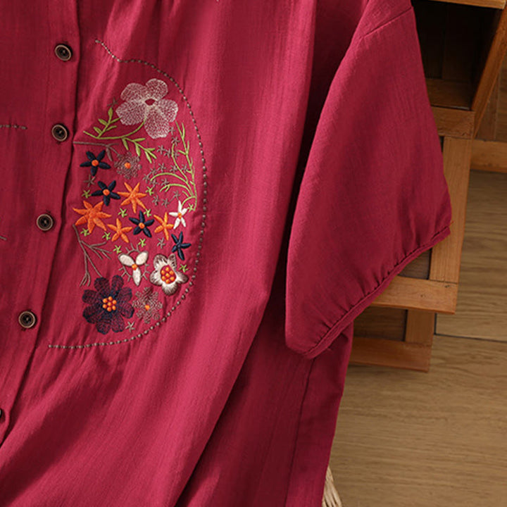 Buddha Stones Vintage Asymmetrical Embroidery Flower Plant Pattern Women's Cotton Linen Short Sleeve Jacket Shirt - image 12