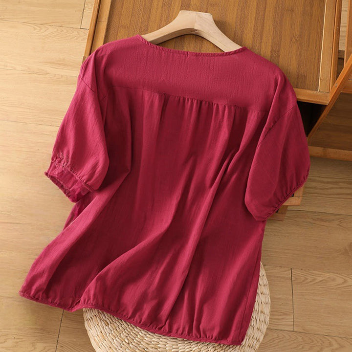 Buddha Stones Vintage Asymmetrical Embroidery Flower Plant Pattern Women's Cotton Linen Short Sleeve Jacket Shirt - image 8