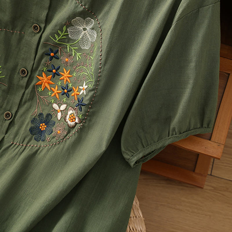 Buddha Stones Vintage Asymmetrical Embroidery Flower Plant Pattern Women's Cotton Linen Short Sleeve Jacket Shirt - image 6
