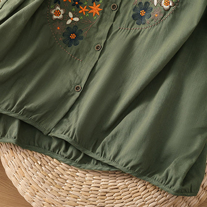 Buddha Stones Vintage Asymmetrical Embroidery Flower Plant Pattern Women's Cotton Linen Short Sleeve Jacket Shirt - image 5