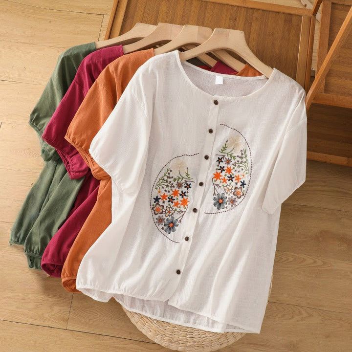 Buddha Stones Vintage Asymmetrical Embroidery Flower Plant Pattern Women's Cotton Linen Short Sleeve Jacket Shirt - image 29