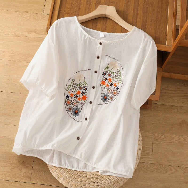 Buddha Stones Vintage Asymmetrical Embroidery Flower Plant Pattern Women's Cotton Linen Short Sleeve Jacket Shirt - White - US14，UK/AU18，EU46 (2XL) - image 22