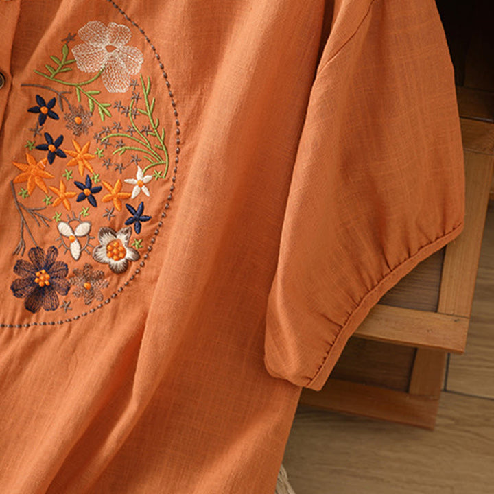 Buddha Stones Vintage Asymmetrical Embroidery Flower Plant Pattern Women's Cotton Linen Short Sleeve Jacket Shirt - image 21