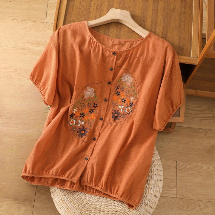 Buddha Stones Vintage Asymmetrical Embroidery Flower Plant Pattern Women's Cotton Linen Short Sleeve Jacket Shirt - DarkOrange - US14，UK/AU18，EU46 (2XL) - image 15