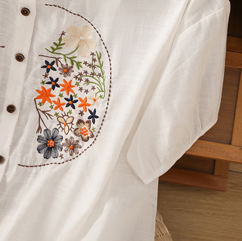 Buddha Stones Vintage Asymmetrical Embroidery Flower Plant Pattern Women's Cotton Linen Short Sleeve Jacket Shirt - image 27
